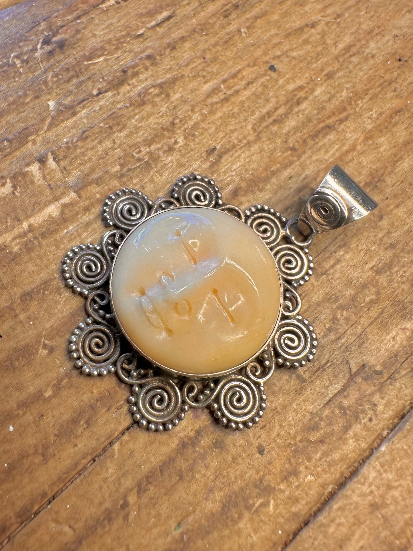 Cream Stone Moon Face Swirl 925 Sterling Silver Pendant