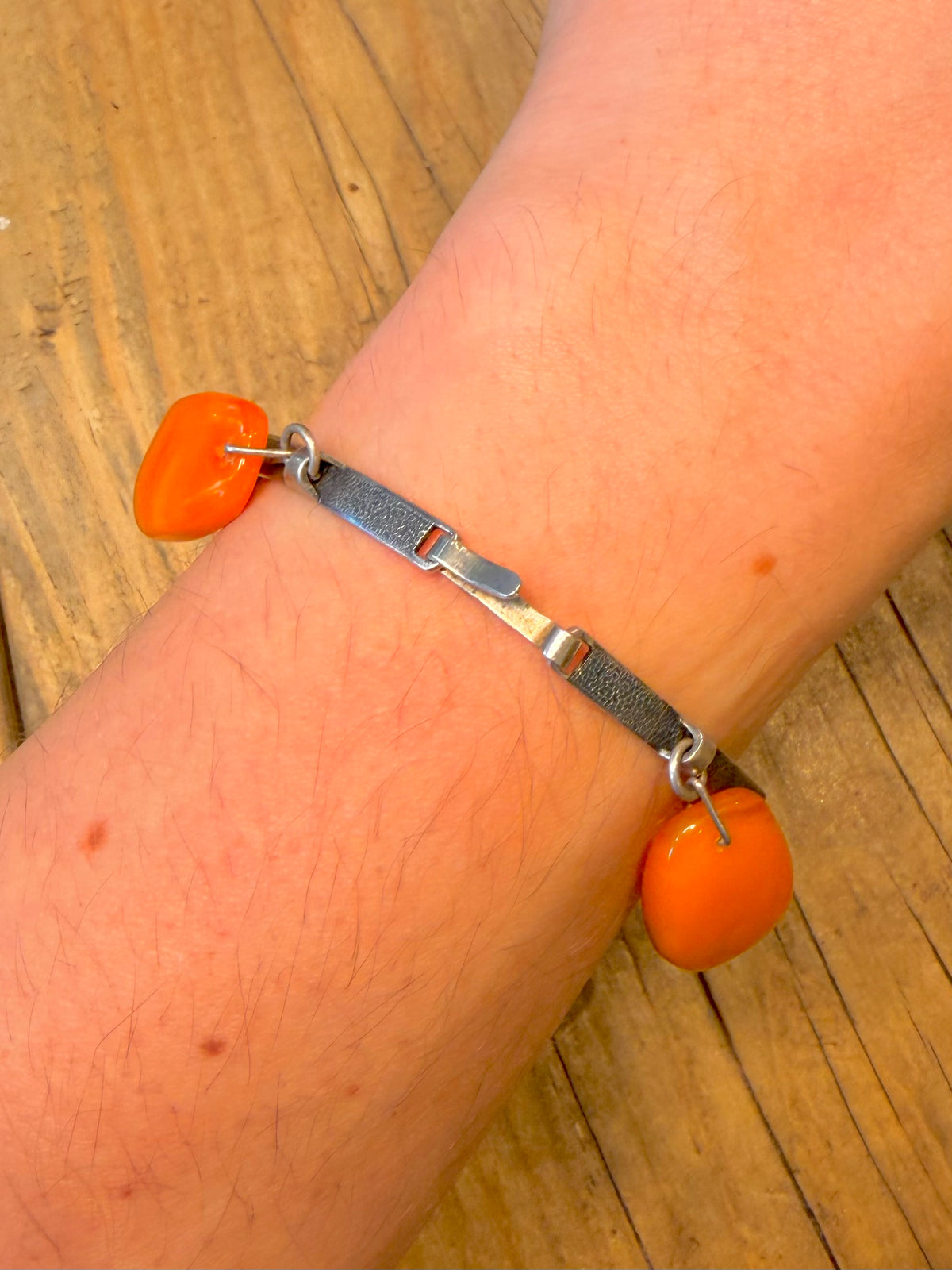 Soviet Era Butterscotch Amber Textured Bar Link 875 Silver 7.25 inch Bracelet