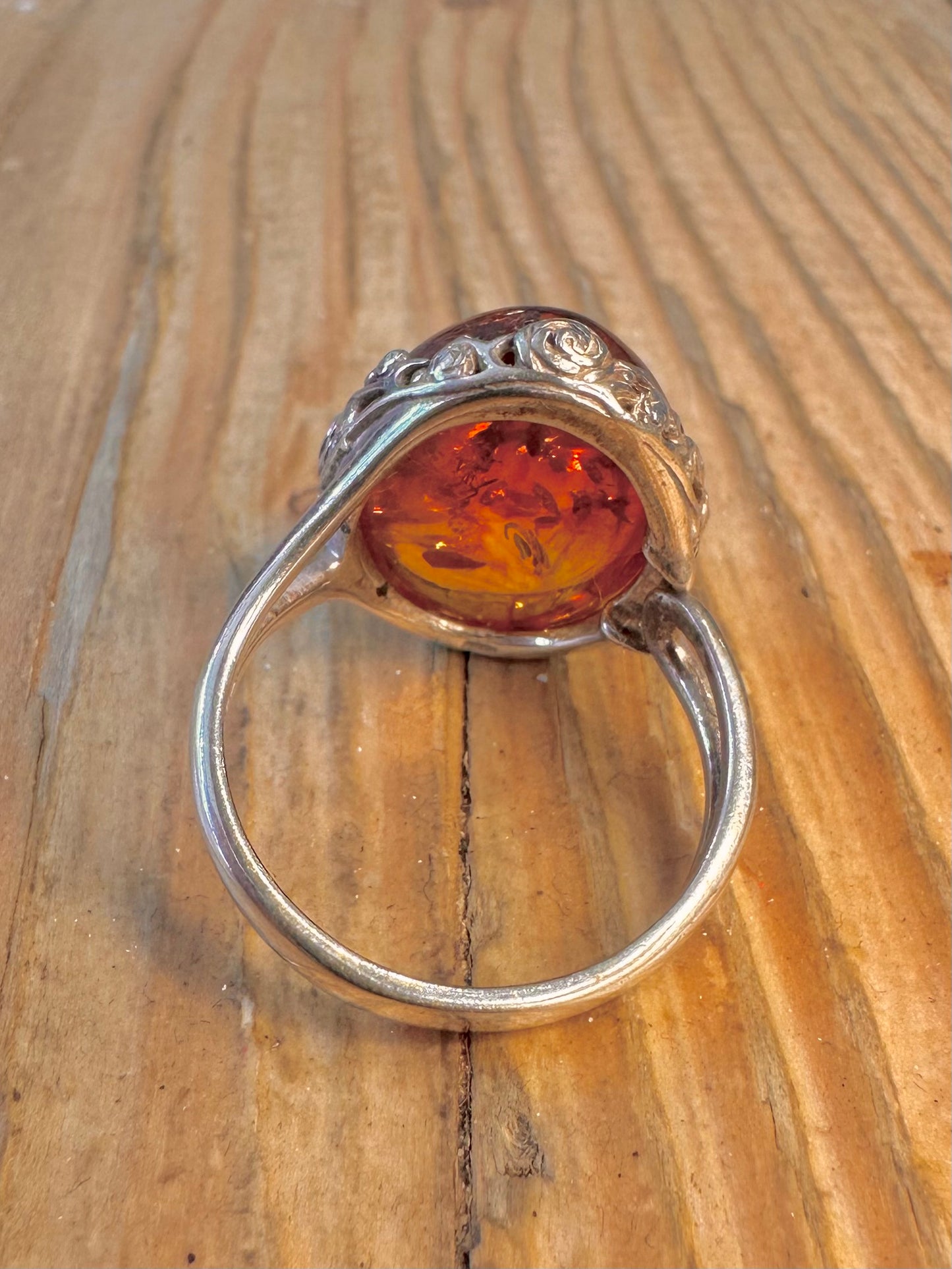 Amber Style Floral Mount 925 Sterling Silver Size U Adjustable Ring