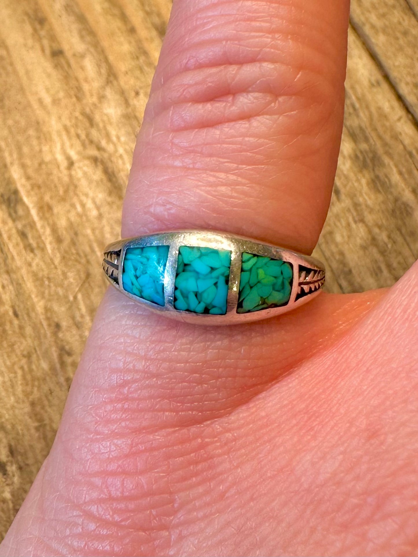 Southwestern Turquoise Inlay Leaf Design 925 Sterling Silver Size L Ring