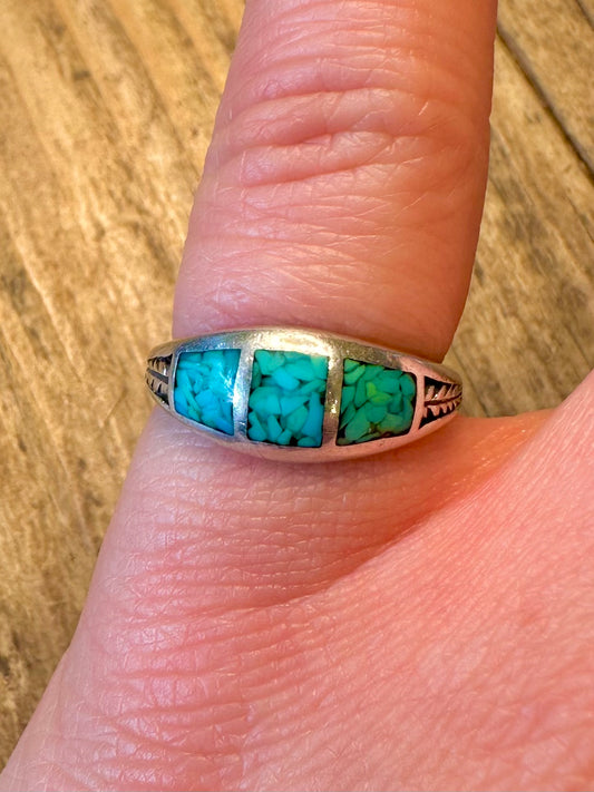 Southwestern Turquoise Inlay Leaf Design 925 Sterling Silver Size L Ring