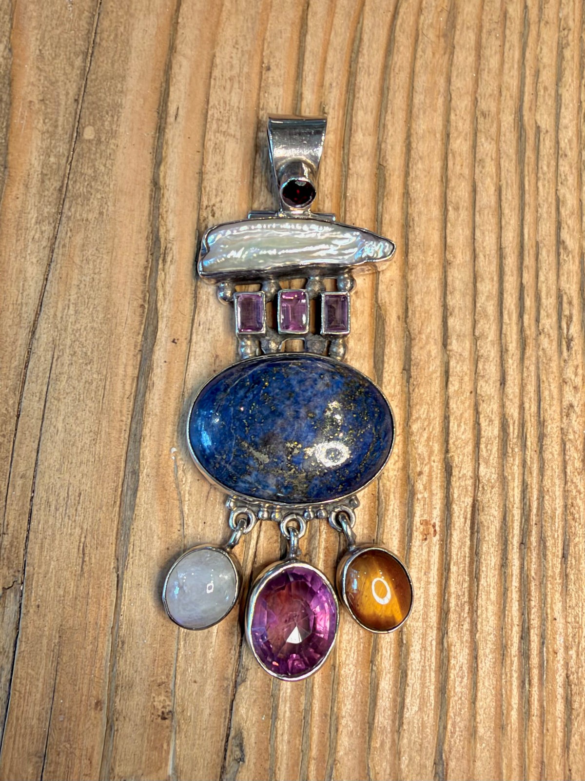 Large Multi Gemstone Lapis Mother of Pearl Moonstone Tigers Eye 925 Sterling Silver Pendant