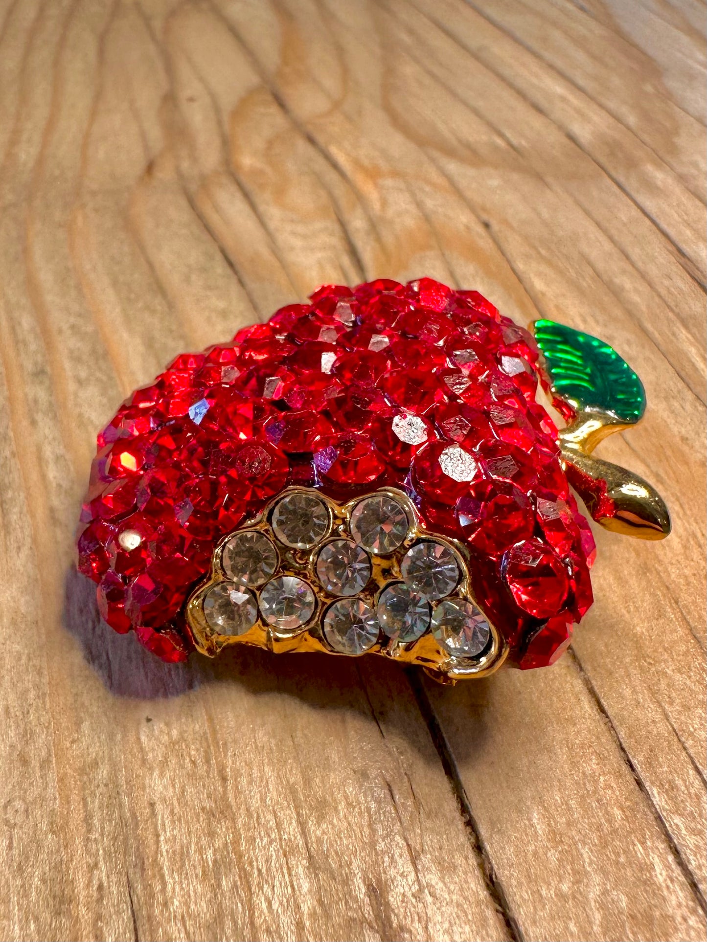 Vintage Red and White Stones Half Eaten Apple Gold Tone Costume Brooch