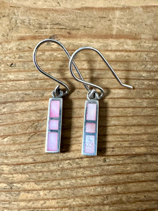 Vintage Pink Mother of Pearl Rectangle 925 Silver Earrings