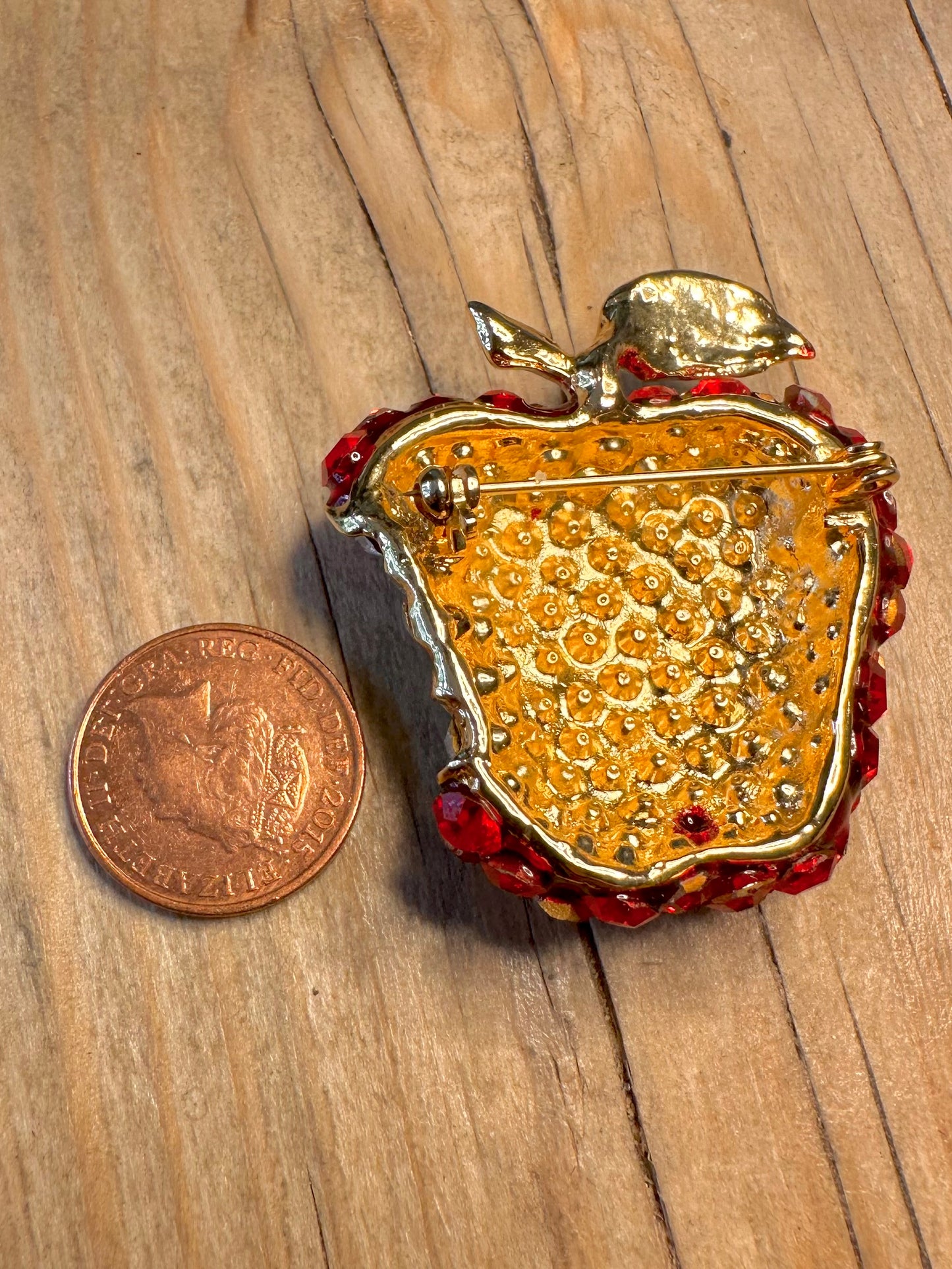 Vintage Red and White Stones Half Eaten Apple Gold Tone Costume Brooch