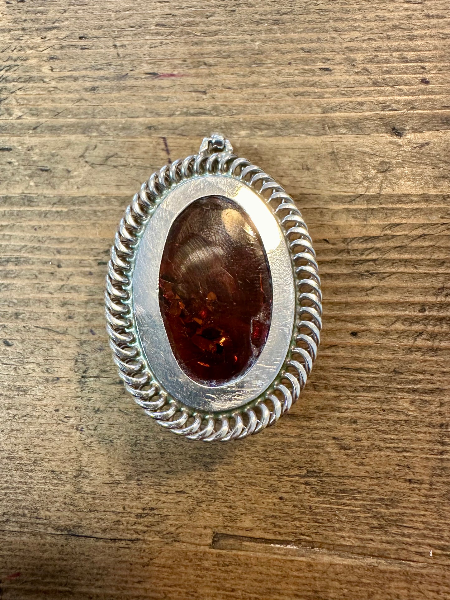 Vintage Oval Large Amber 925 Silver Pendant