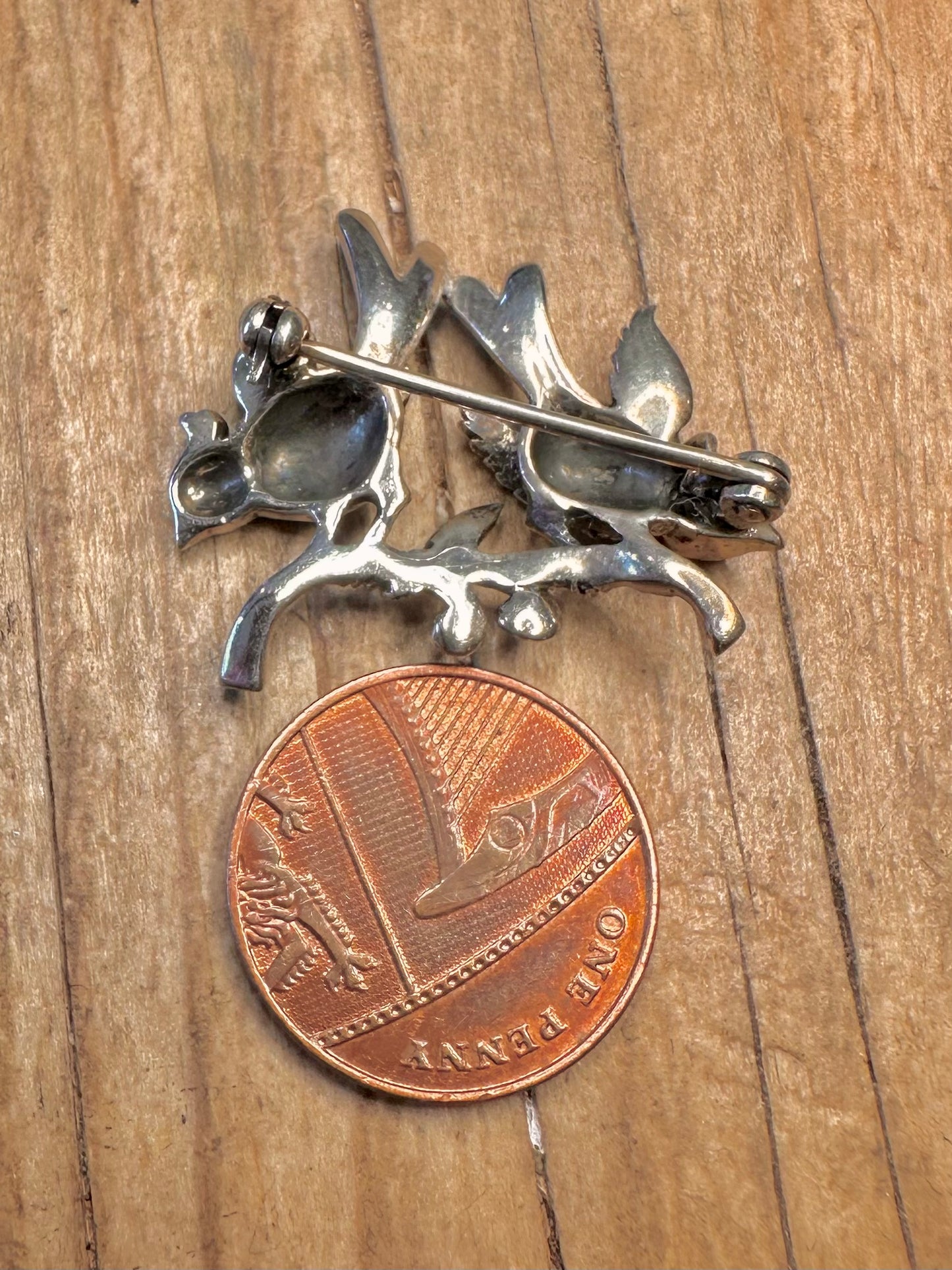 Vintage Two Bird and Branch Marcasite and Red Stone 925 Sterling Silver Brooch