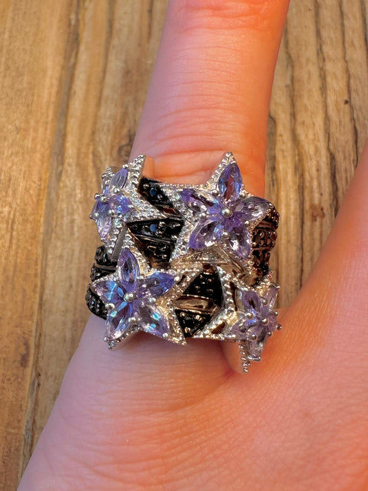 Star Tanzanite and Black Spinel Stones 925 Sterling Silver Size N Ring