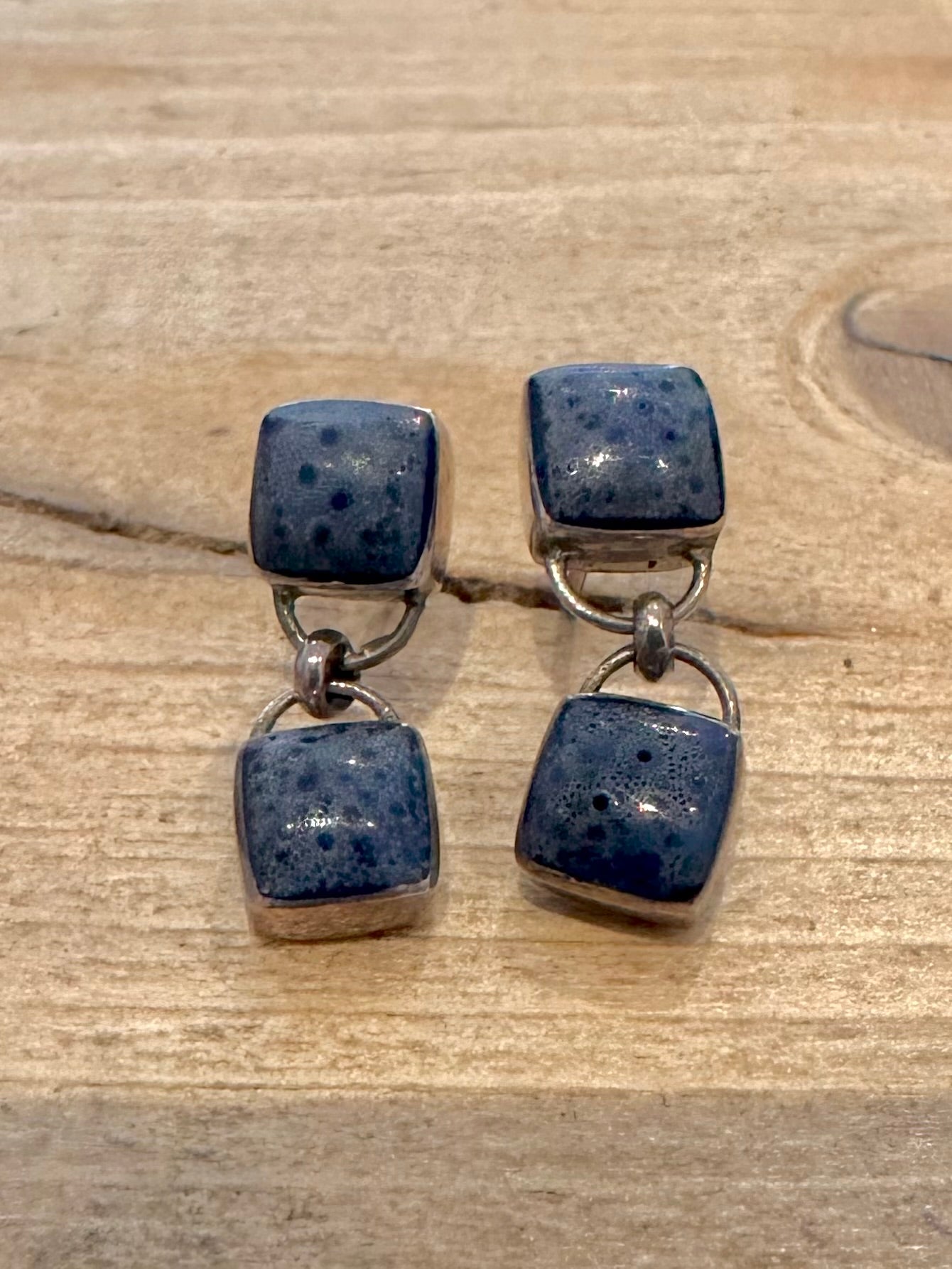 Vintage Blue Stone Square 925 Silver Earrings