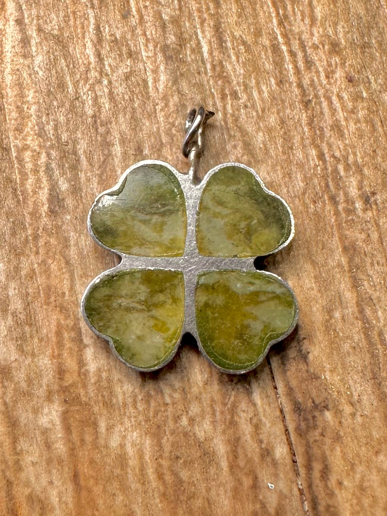 Vintage Irish Connemara Marble Four Leaf Clover 925 Sterling Silver Pendant