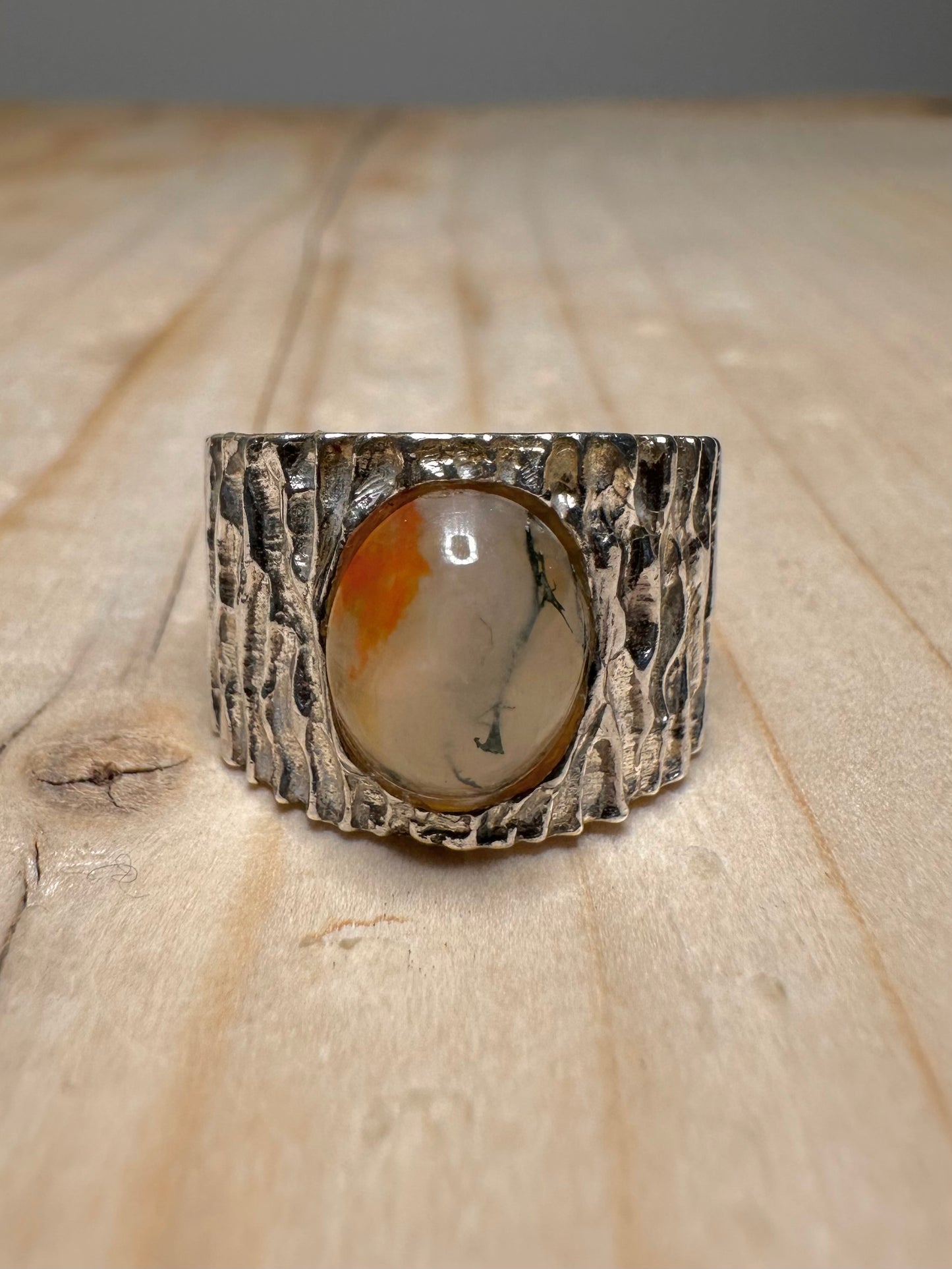 Moss Agate Bark Effect 925 Sterling Silver Size J Ring