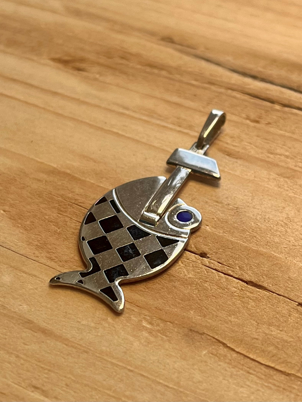 Checkered Fish 925 Italy UNOaERRE Italy 925 Sterling Silver Pendant