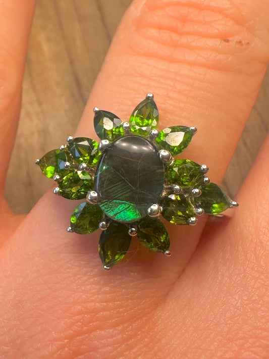 Vintage Dark Simulated Opal and Green Stones 925 Sterling Silver Size S Ring