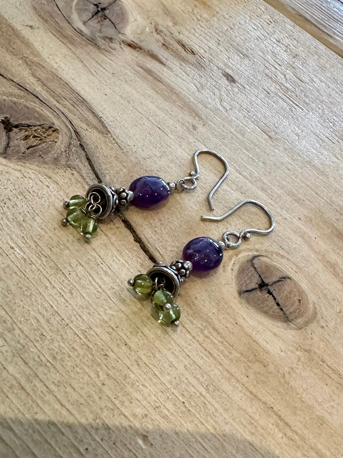 Vintage Amethyst and Peridot Dangle 925 Silver Earrings