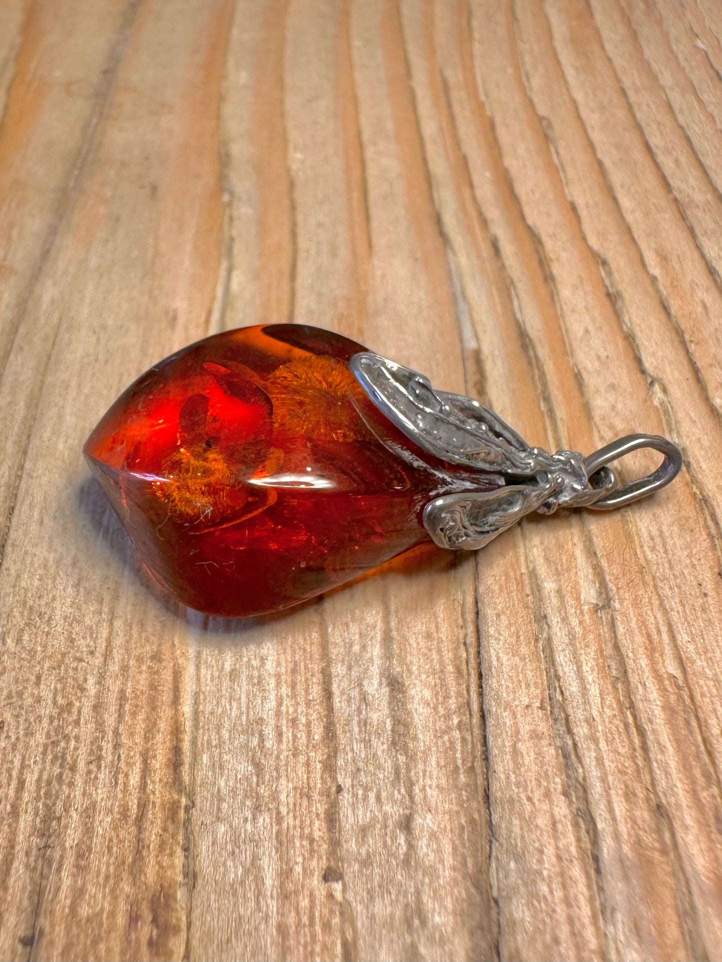 Vintage Amber Floral Design Mount 925 Sterling Silver Pendant