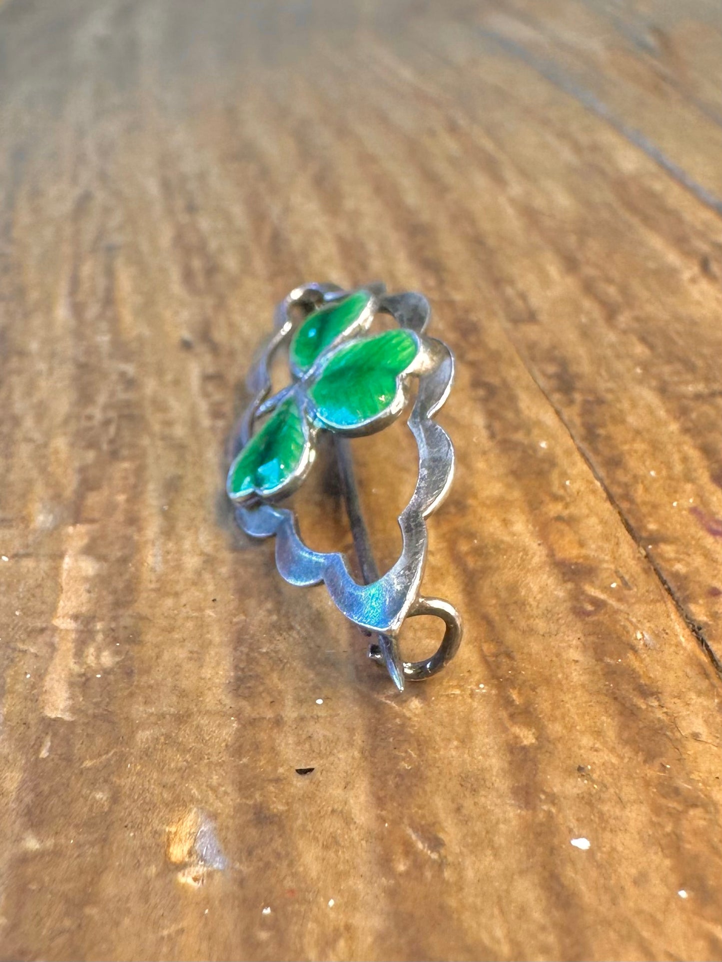 Enamel Green Three Leaf Clover 925 Sterling Silver Brooch