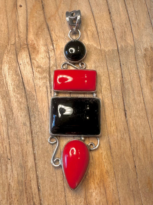 Vintage Red and Black Stone 925 Sterling Silver Pendant