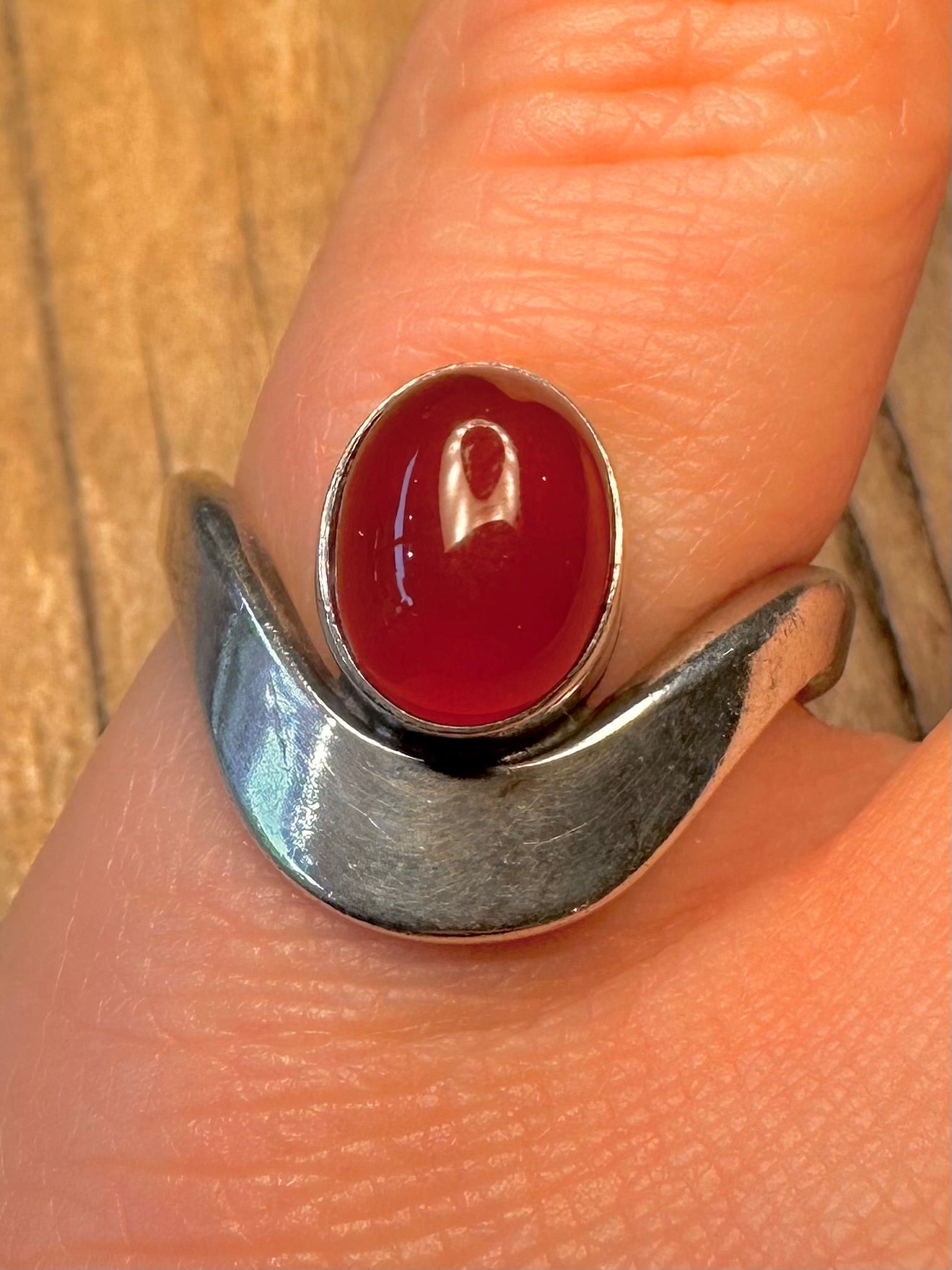 Abstract Carnelian Wavy Open Back 925 Sterling Silver Size M Ring
