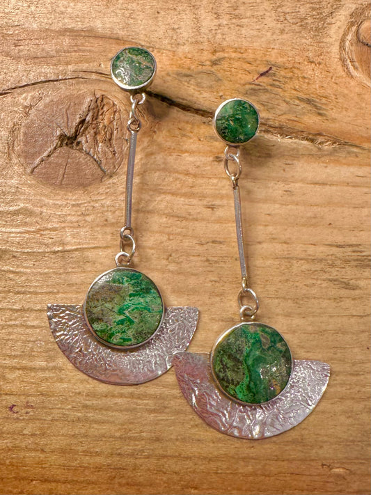 Abstract Blue Green Semi Circle Dangle 925 Silver Earrings