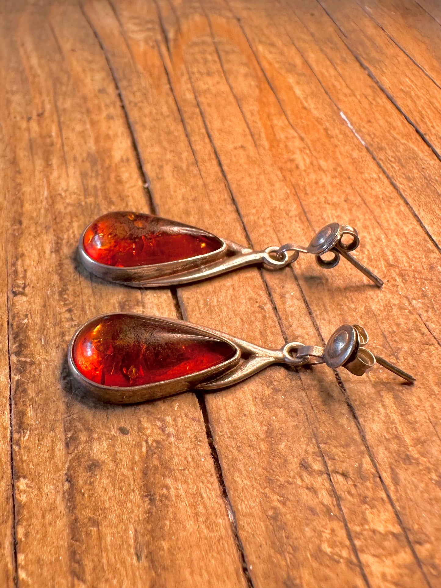 Amber Teardrop Shaped 925 Sterling Silver Earrings