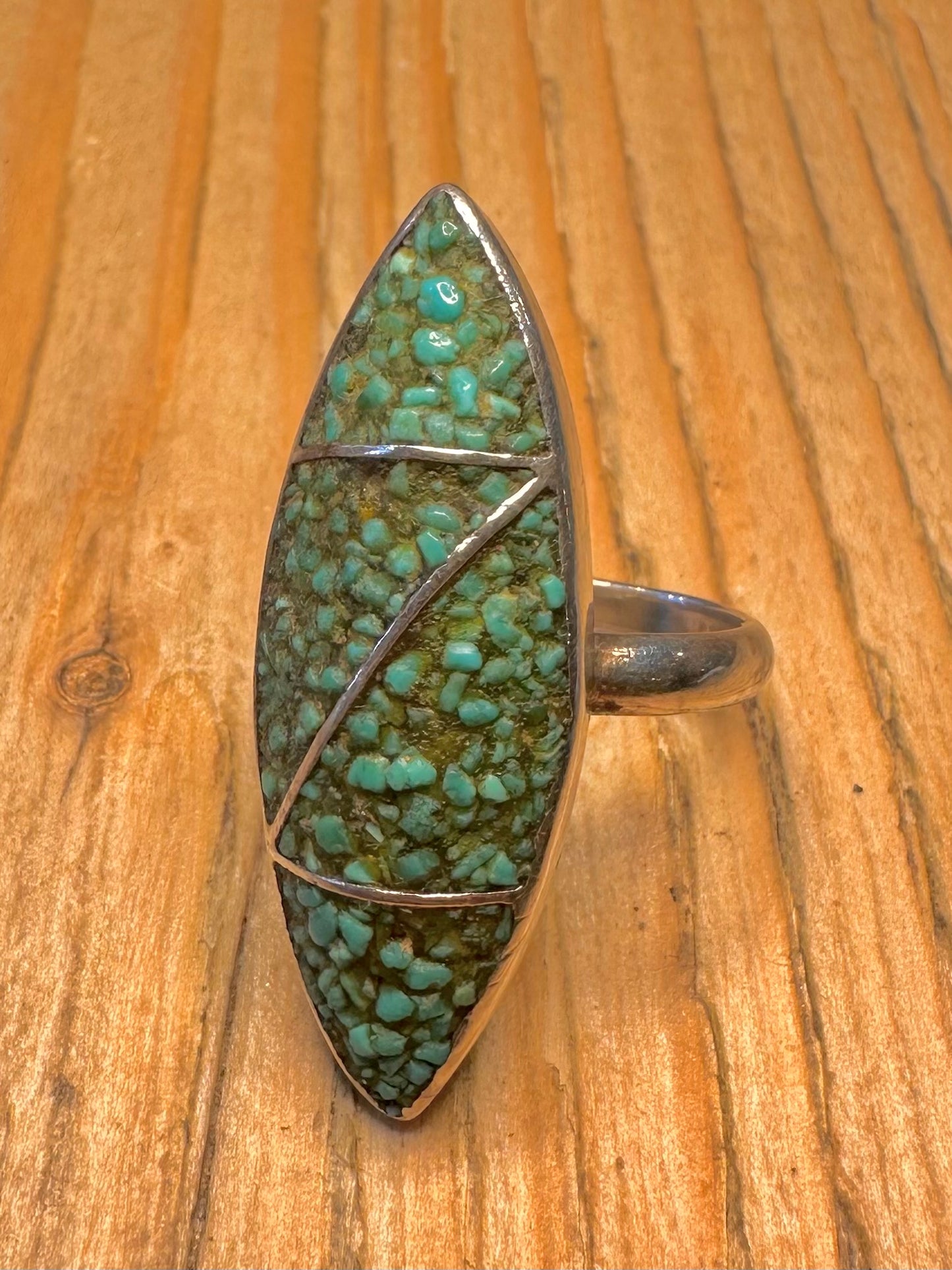 Vintage Turquoise Chip Elongated 925 Sterling Silver Size N1/2 Ring