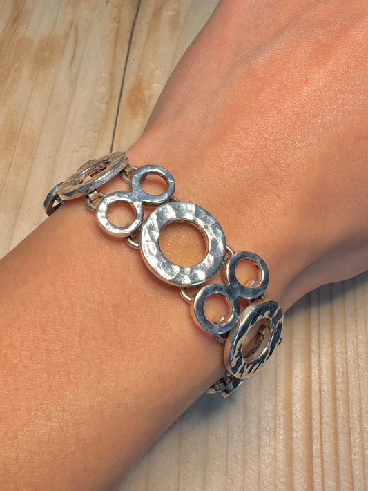Hammered Circle Link T Bar 925 Sterling Silver 7.4 inch Bracelet
