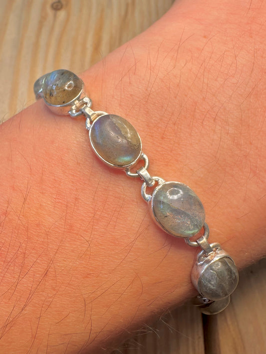 Vintage Labradorite Link 925 Silver 7 to 7.2 inch Bracelet