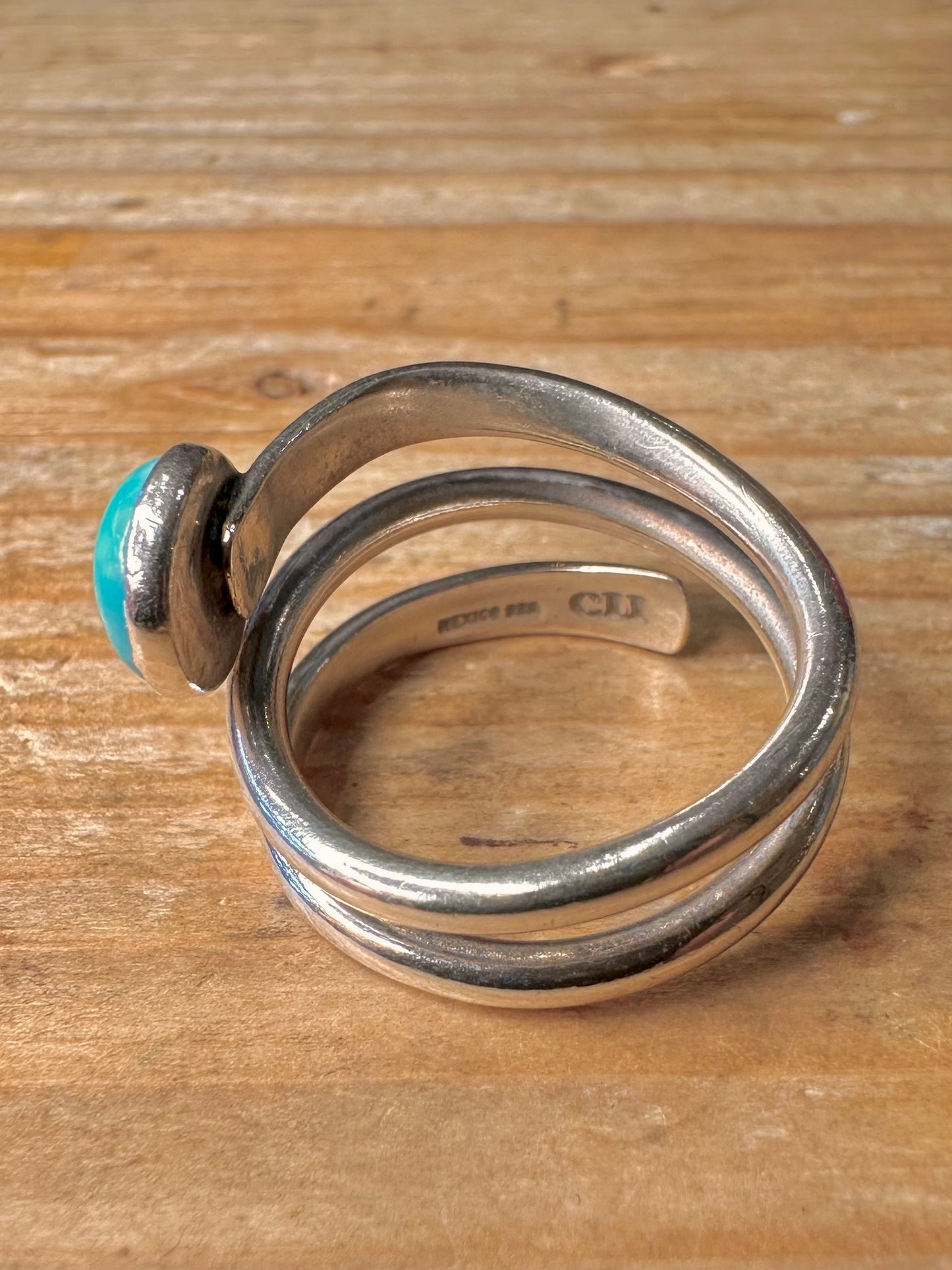 Modernist Turquoise Layer Mexico 925 Sterling Silver Size P1/2 Ring