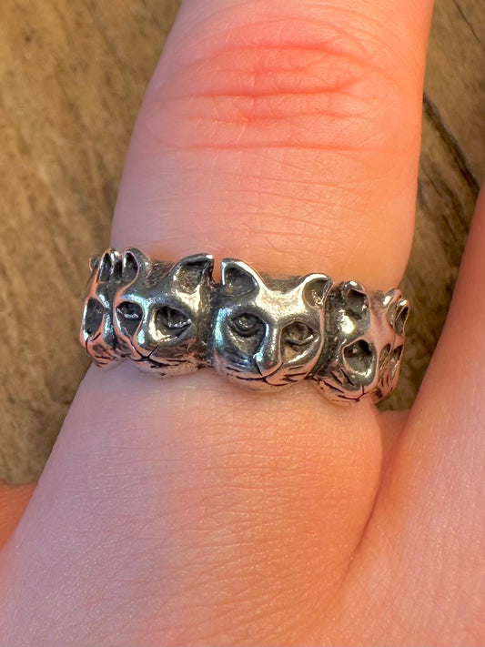 Cat Faces Repeated Band 925 Sterling Silver Size P Ring