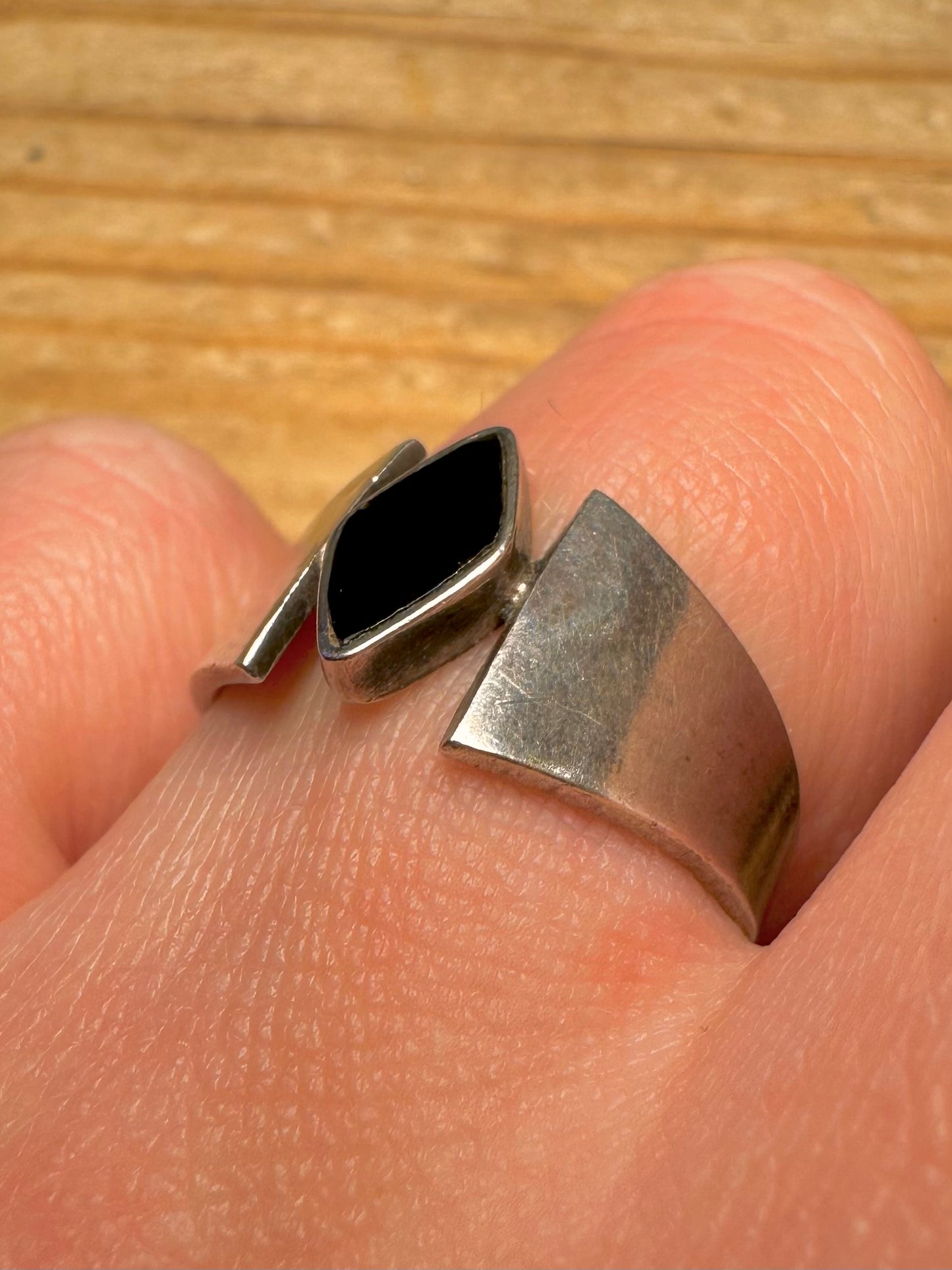 Abstract Black Onyx 925 Sterling Silver Size Q Ring