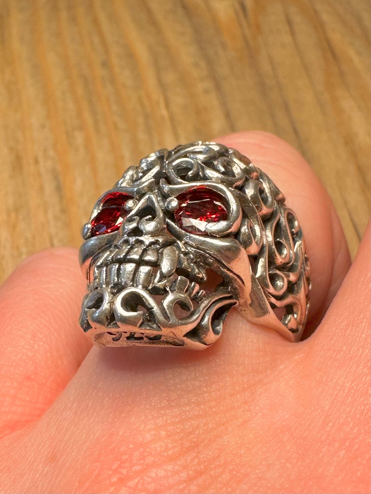 Vintage Skull Filigree Red Stone Eyes 925 Sterling Silver Size P Ring