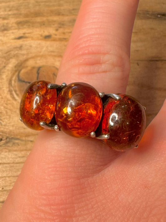 Vintage Amber Trio 925 Silver Size M Ring