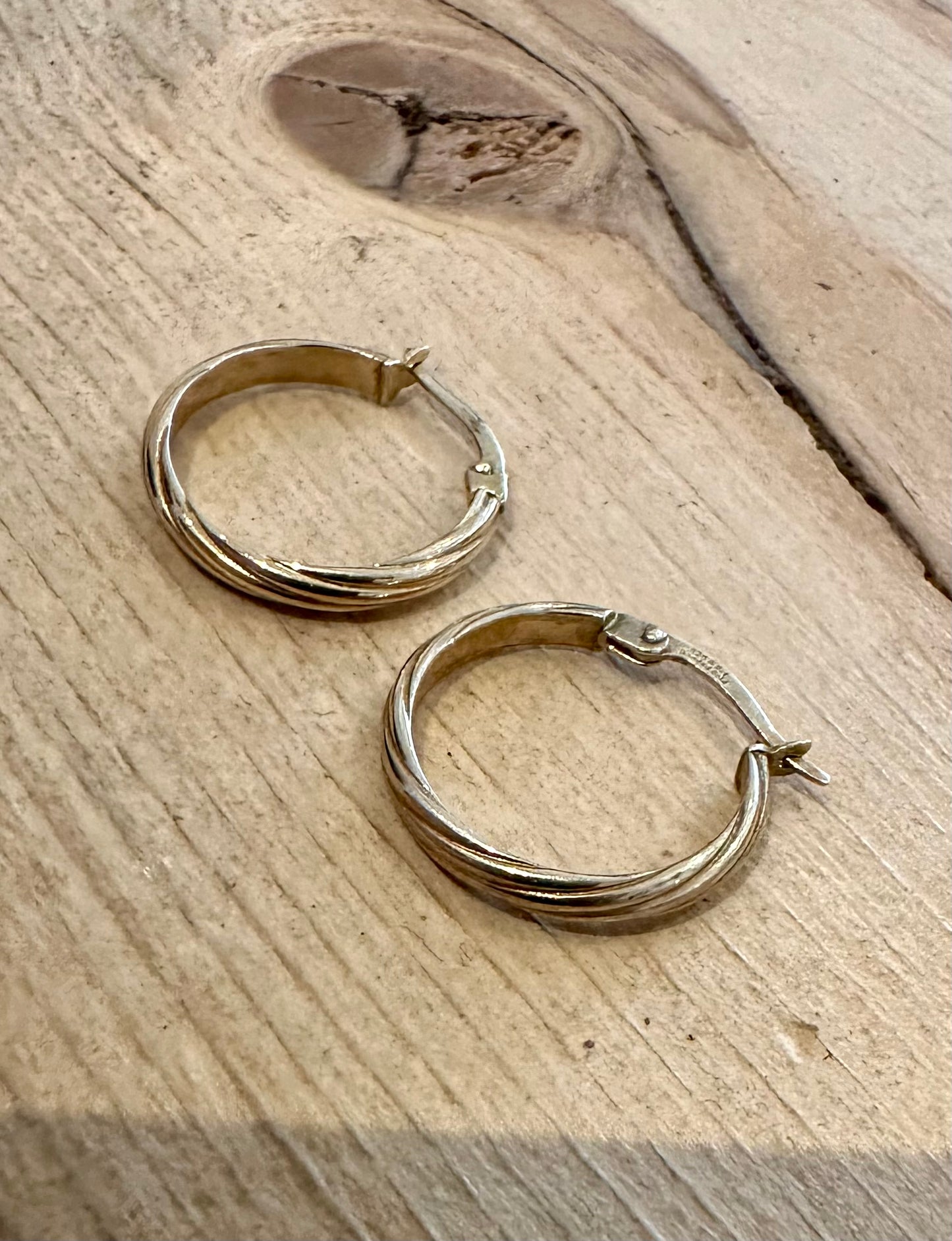 Vintage Textured Hoops 925 Silver 9ct Gold Bonded Earrings