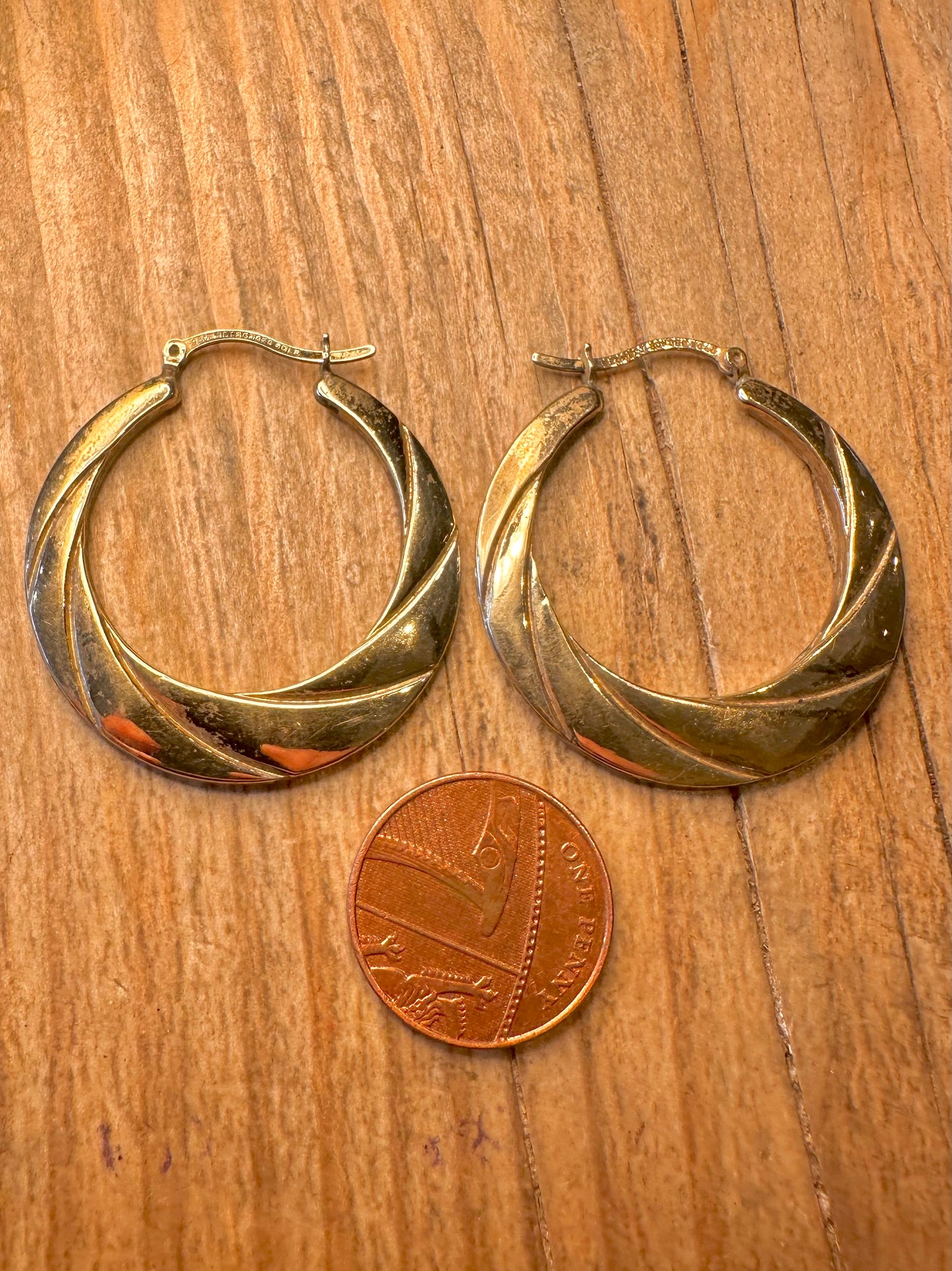Vintage Textured Hoops 9ct Gold on 925 Silver Earrings