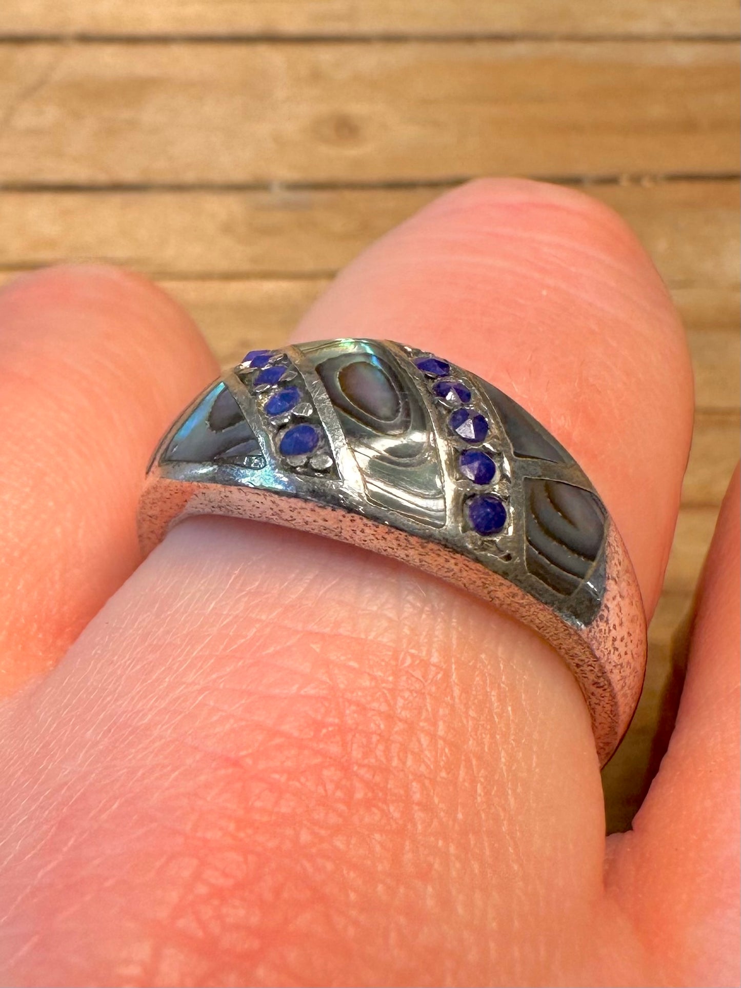 Vintage Abalone and Blue Stone 925 Sterling Silver Size V1/2 Ring