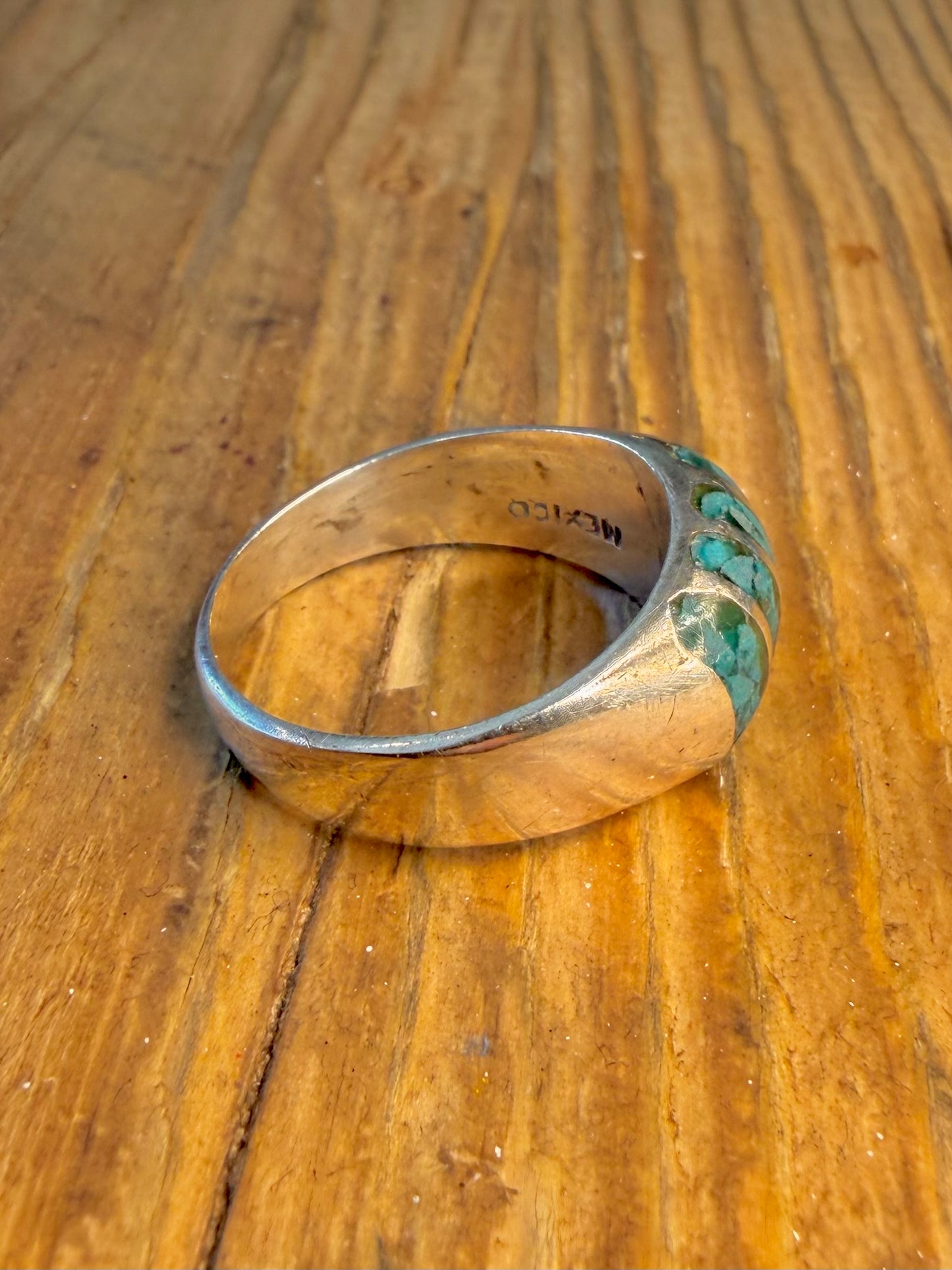 Chunky Turquoise Inlay Mexico 925 Sterling Silver Size W Ring