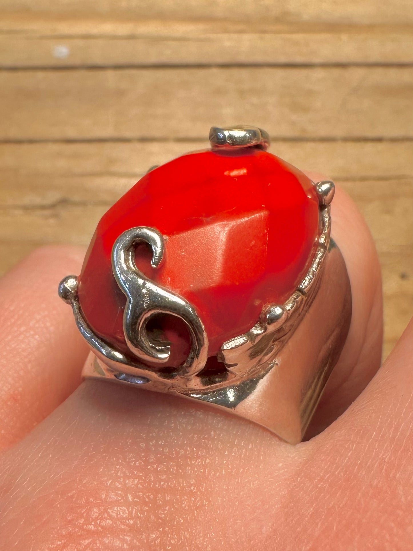 Vintage Faceted Red Stone Boho 925 Sterling Silver Size Q Ring