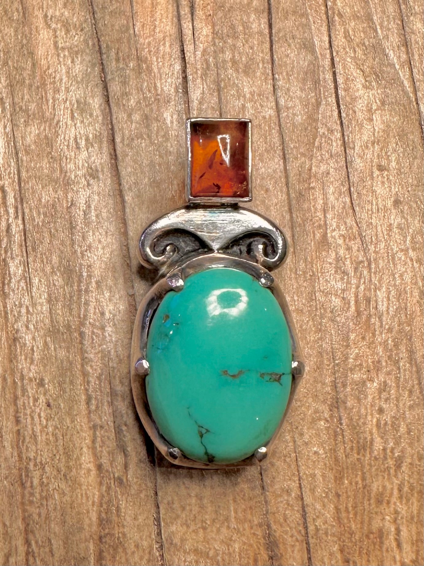 Abstract Amber and Turquoise 925 Sterling Silver Pendant