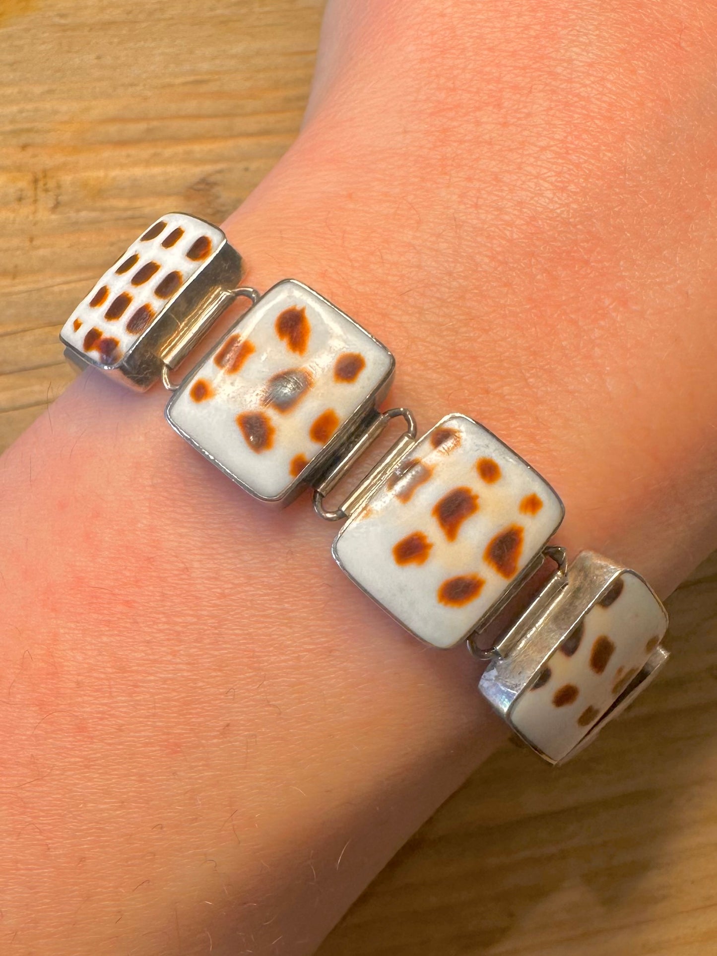 Vintage Cowrie Shell Rectangle White and Brown T Bar 925 Sterling Silver 7.2 to 7.8 inch Bracelet