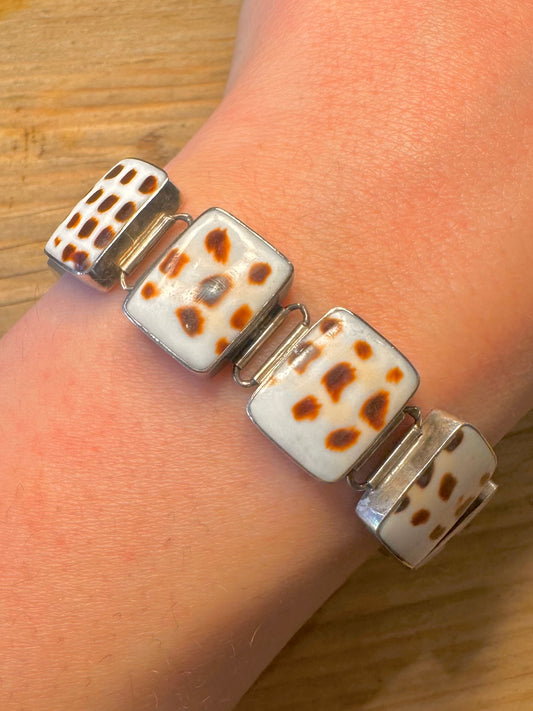 Vintage Cowrie Shell Rectangle White and Brown T Bar 925 Sterling Silver 7.2 to 7.8 inch Bracelet
