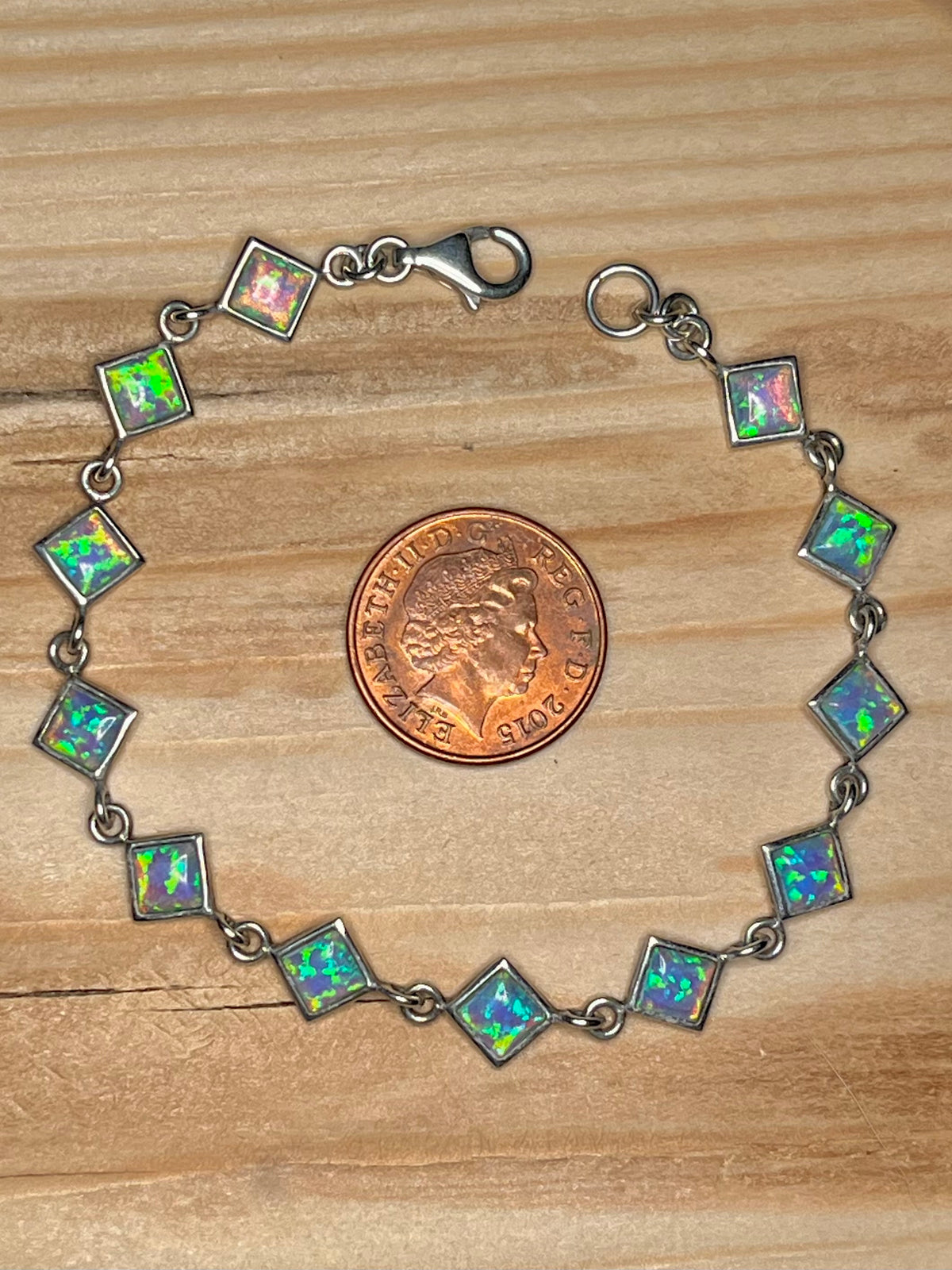 Diamond Shaped Opal Link 925 Sterling Silver 7.4 inch Bracelet