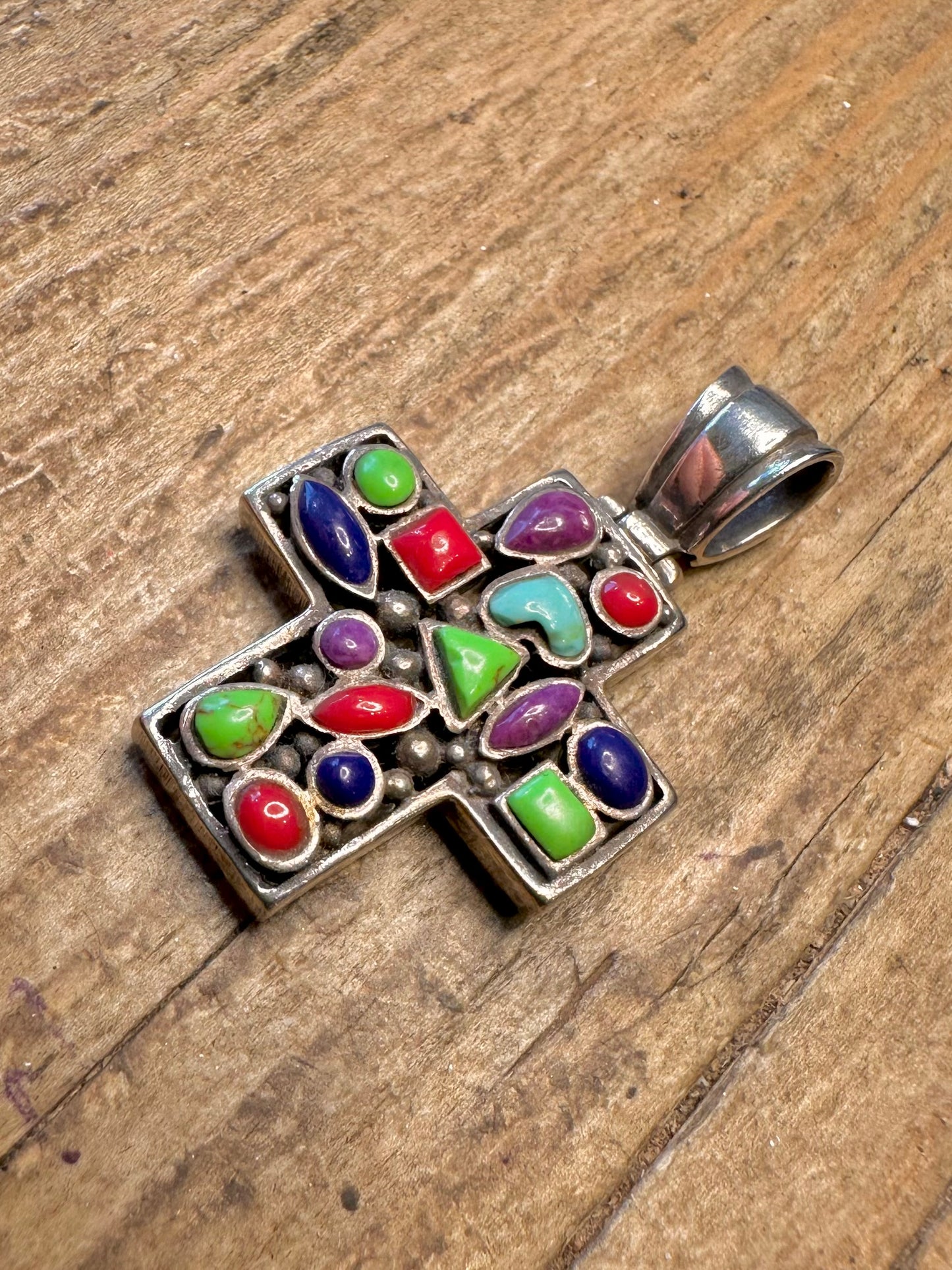 Multi Gemstone Cross Mosaic 925 Sterling Silver Pendant