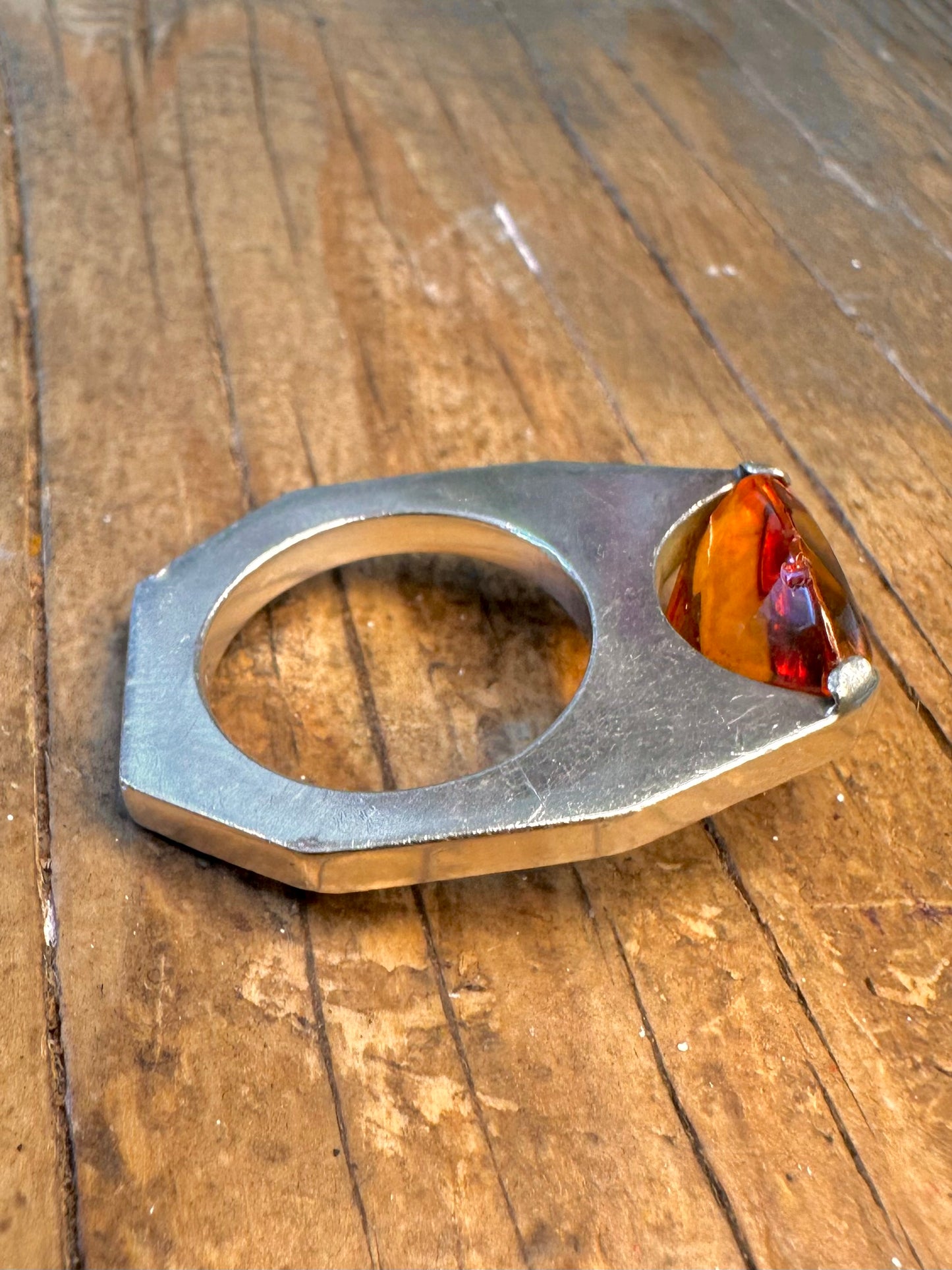 Modernist Faceted Citrine 925 Sterling Silver O1/2 Ring