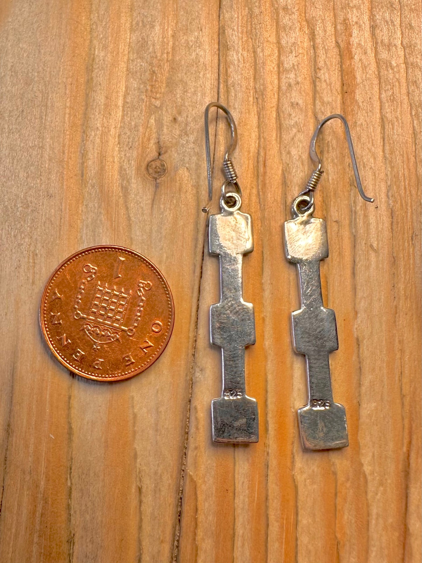 Vintage Abstract Turquoise Inlay Rectangle 925 Silver Earrings