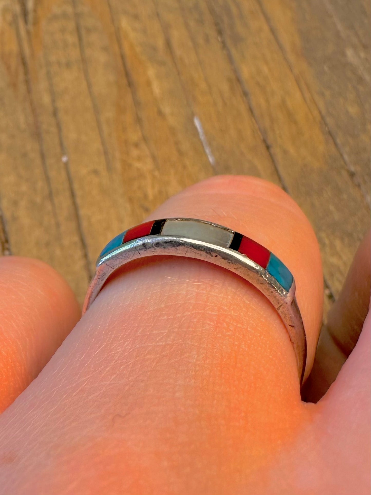 Zuni Style Turquoise Mother of Pearl Coral 925 Sterling Silver Size S Ring