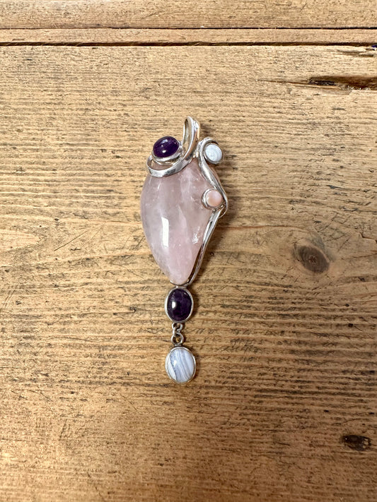 Abstract Rose Quarts Amethyst and Agate 925 Silver Pendant