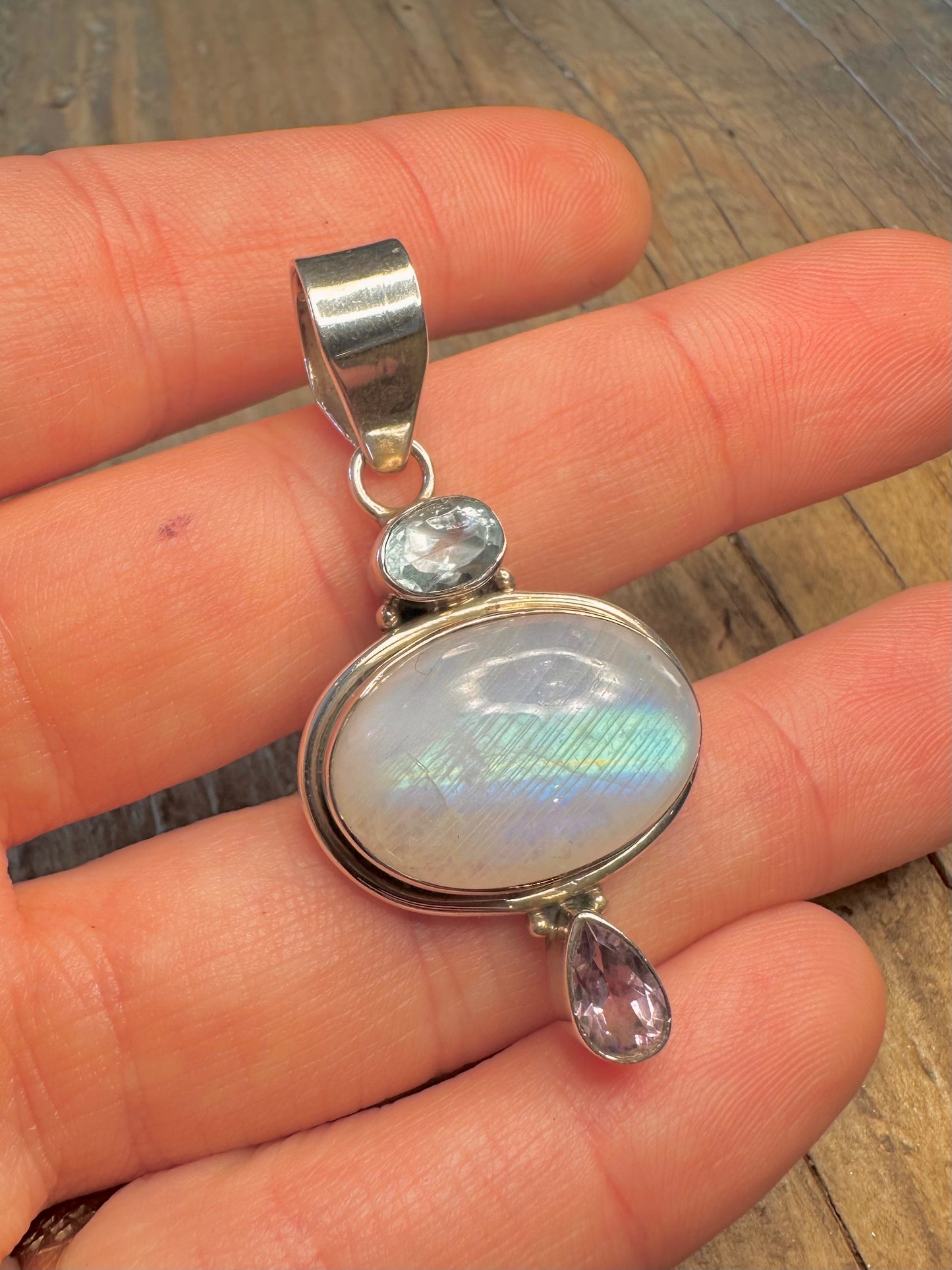 Vibrant Rainbow Moonstone Blue Topaz Amethyst 925 Sterling Silver Pendant
