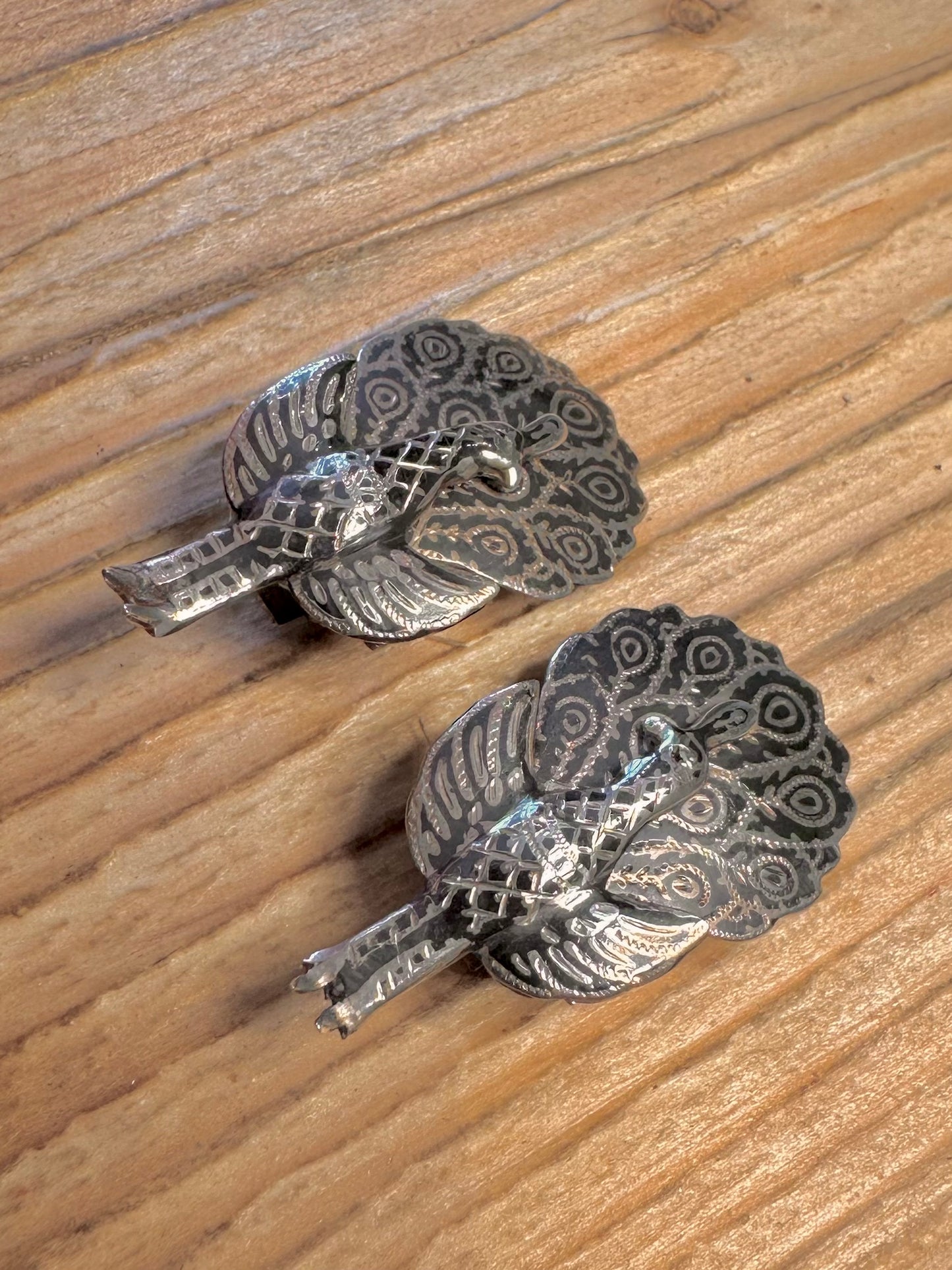 Vintage Siam Black Enamel Peacock Clip On 925 Sterling Silver Earrings