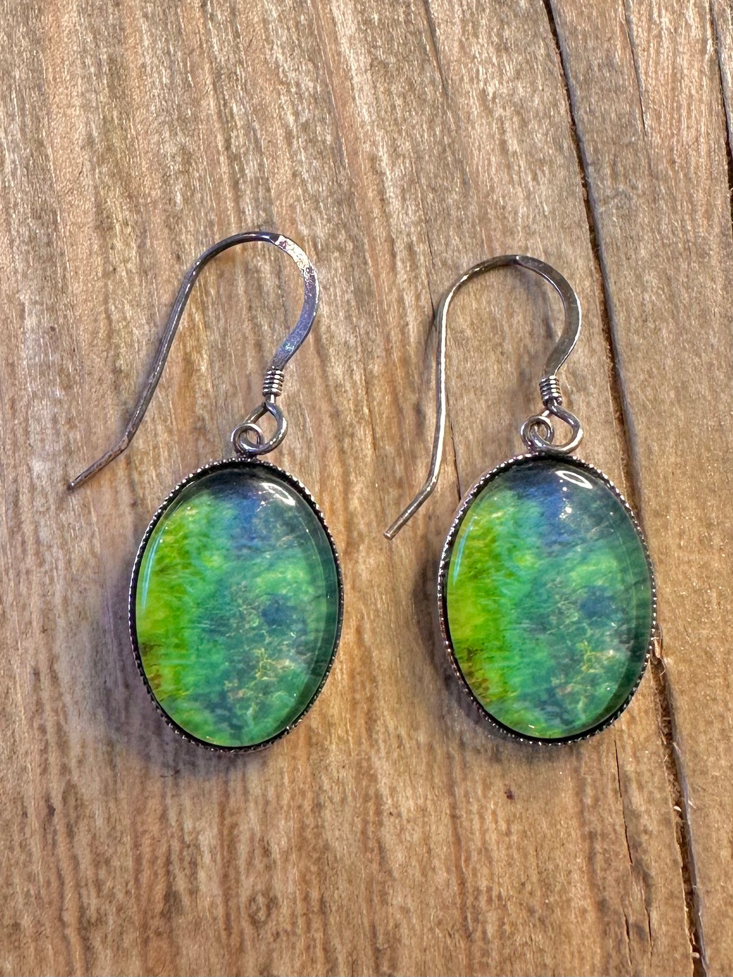 Vintage Green Blue Resin Oval 925 Sterling Silver Earrings