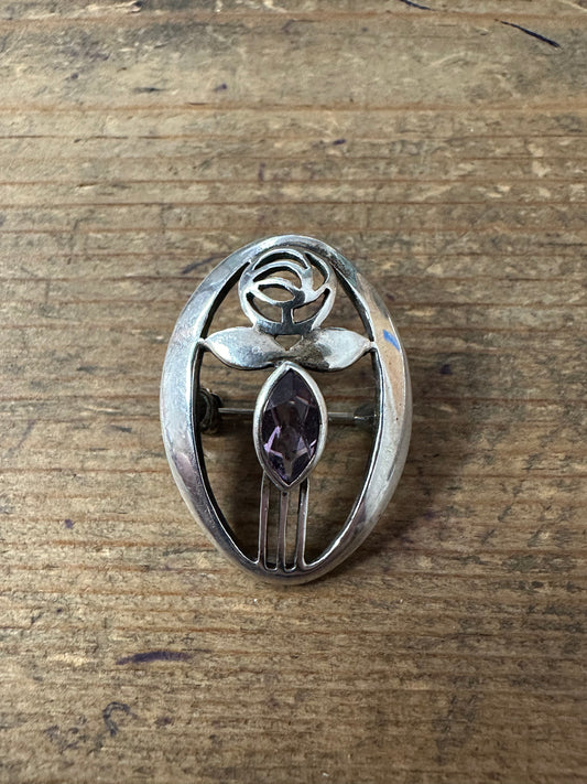 Vintage Macintosh Style Amethyst 925 Silver Brooch